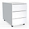 White rolling cabinet with three drawers, on casters. The drawers have narrow grip strips.