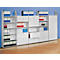 White office shelving unit with binders, drawers, and cabinets. Binders in various colors, set against a blue background.