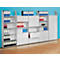 White office furniture with open shelves, cabinets and drawers filled with files. On a blue background.