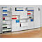 White office furniture with binders in different colors, cabinets and drawers.