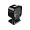 Scanner de codes-barres noir avec le logo Datalogic. Il est monté sur une base et photographié sur un fond blanc.