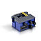 Blau-graues elektronisches Gerät, gelber Aufkleber, schwarze Stecker, Seitenansicht.