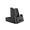 Station de recharge noir pour un appareil mobile. Il est doté d'un support vertical et d'une base rectangulaire.