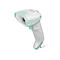 Scanner portable blanc avec des accents vert clair. La poignée est de forme ergonomique.