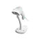 Scanner de codes-barres blanc avec des accents vert clair reposant sur un support blanc.