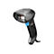 Scanner de code-barres noir, bouton bleu, tête grise, câble, fond blanc.