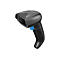 Scanner de code-barres noir, avec bouton bleu. Sur fond blanc.