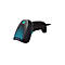 Schwarzer Barcode-Scanner mit grünem Auslöser und blauem Design. Kabelanschluss.