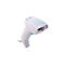 Scanner de codes-barres blanc avec accent vert et câble sur fond blanc.