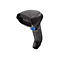 Scanner de codes-barres noir avec un bouton bleu, sur fond blanc.