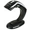 Schwarzer Barcode-Scanner mit weißer Zierleiste auf einem Sockel. Firmenlogo Datalogic.