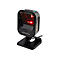 Scanner de code-barres noir sur pied, lumiÃ¨re laser rouge, logo du fabricant.