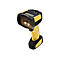 Gelb-schwarzer Barcode-Scanner mit beleuchteter Linse, Tasten und kleinem Bildschirm.