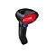 Schwarzer Barcode-Scanner mit rotem Licht. Blaue Taste am Griff. Aufschrift: DATALOGIC QuickScan.
