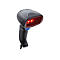 Schwarzer Barcode-Scanner, rotes Licht, blauer Knopf, Kabel.