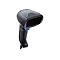 Ein schwarzer Barcode-Scanner vor weißem Hintergrund. Der Griff ist leicht gebogen und hat einen blauen Knopf.