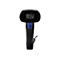 Schwarzer Barcode-Scanner. Oben der Scankopf, darunter Griff mit blauer Taste.
