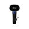 Schwarzer Barcode-Scanner, blaue Taste, Kabel, weißer Hintergrund.