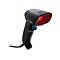 Schwarzer Barcode-Scanner mit rotem Licht. Blauer Knopf zum Scannen.