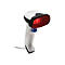 Weiß-schwarzer Barcode-Scanner mit rotem Licht. Am Griff ist eine blaue Taste.