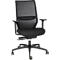Black office chair, mesh back, armrests, wheels.