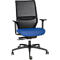 Office chair with blue seat and black mesh back. Armrests and base are also black. Wheels.