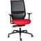 Office chair with a red seat, black mesh back, and armrests. On wheels.