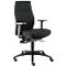 Black office chair with high back and armrests. On castors, height adjustable.