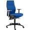 Blue office chair with black frame and armrests. The chair stands against a neutral background.