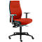 Office chair with red fabric upholstery and black details, armrests and base.
