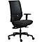 Black office chair with mesh back and armrests. On castors, height adjustable.