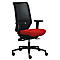 Black office chair with red seat. It has castors, armrests and a mesh back.