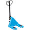 Blue pallet truck with black handle. Red accents.