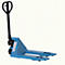 Blue pallet truck on white background. Black drawbar, "HanseLifter" logo.