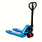 Blue pallet truck, black handle, red wheels. Inscription: HanseLifter.