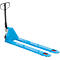 Blue pallet truck with handle up, on white background.