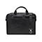 Schwarze Leder-Aktentasche mit Griffen und Schulterriemen, Logo-Prägung. 