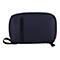 Dunkelblaue Kosmetiktasche mit Reißverschluss, Trageschlaufe und Firmenlogo.