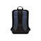 Schwarzer Rucksack von hinten, blaue Schultergurte, Tragegriff.