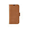 Hellbraune Leder-Handyhülle im geschlossenen Zustand. Sie hat eine Lasche zum Verschließen.