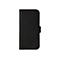 Schwarzes Smartphone-Case in Lederoptik, mit Textur und Magnetverschluss.