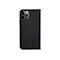 Schwarzes iPhone-Wallet-Case, geöffnet. Das Case ist aus Leder und hat eine Kameraaussparung.