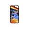 Ein Smartphone, das ein abstraktes Bild von gelbem und blauem Gestein zeigt, das von einem schwarzen Balken mit Kameras und Sensoren gekrönt wird.