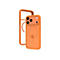 Orangefarbene Handyhülle, teiltransparent, mit Apple-Logo. Kamera- und Bedienelemente sind ausgespart.