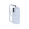 Hellblaues iPhone Case mit transparentem Rahmen; das Case ist offen neben dem Handy. Der Herstellername ist seitlich aufgedruckt.