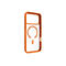 Orangene Handyhülle für Smartphones, mit durchsichtiger Rückseite und einem Magnetring. Auf der Hülle stehen Texte wie "dbramante1928" und "made with recycled materials. 100% recyclable."