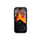 Schwarzes Smartphone mit Schutzhülle, auf dem ein Vulkan mit Lavaausbruch zu sehen ist. Der Vulkan ist hellorange und rot, der Hintergrund ist grau.
