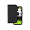 Étui de téléphone noir avec smartphone, sur l'écran duquel on peut voir un panda.