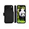 Schwarzes Handy Case mit Leder-Optik. Auf dem Display ein Panda. Rückseite mit Kamera.