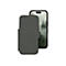 Graues Smartphone-Case in Lederoptik, halb geöffnet, mit einem Smartphone mit Wald-Hintergrund. Case mit Logo, weißer Hintergrund.